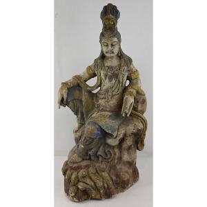 Guanyn - Sculpture En Bois Polychrome - Chine 19ème Siècle